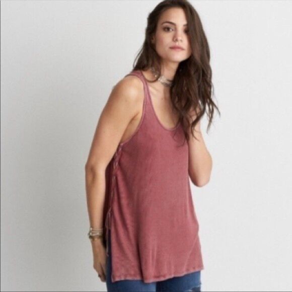American Eagle Soft&Sexy Rib Lattice Sadie Tank Top Deep Pink Like New XS RM-A - Picture 1 of 6